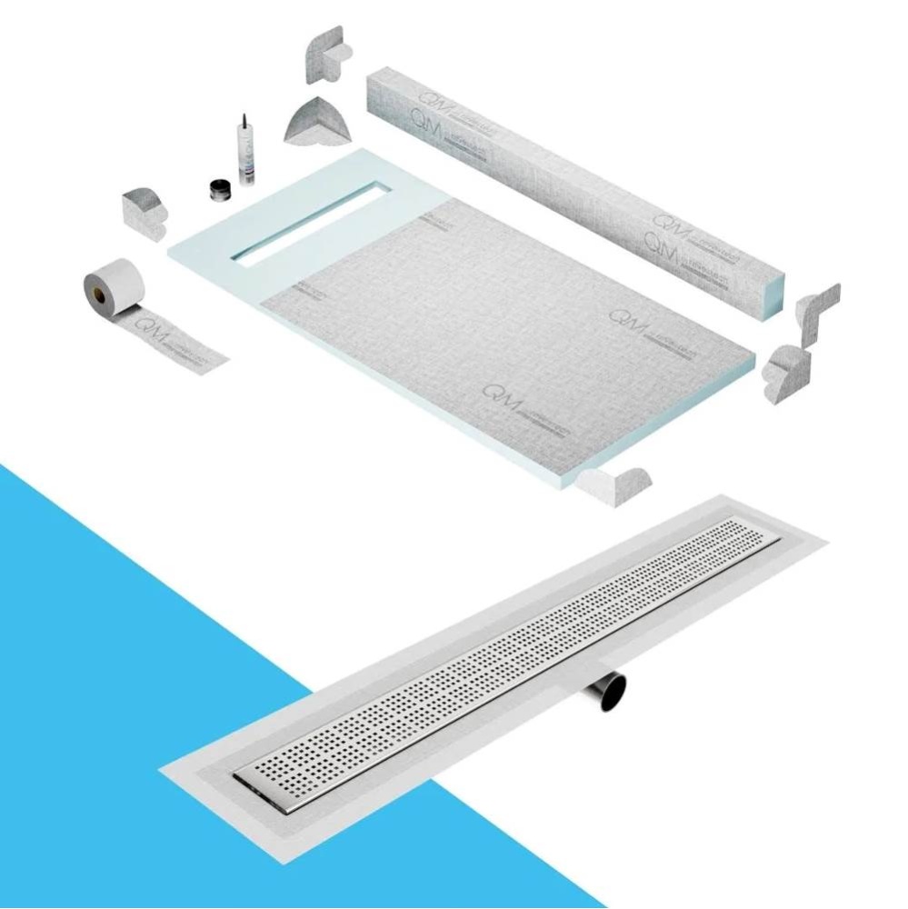 Shower Pan Kit 32'' with a 24'' Kai Linear Drain Flange Edge Side Outlet in Sa
