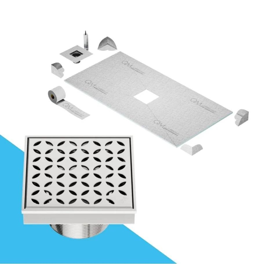 Curbless Center Shower Pan Kit 32'' x 63'' with 4'' Lotus Square Dra