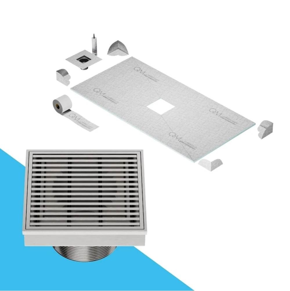 Curbless Center Shower Pan Kit 32'' x 63'' with 4'' Wedgewire Square