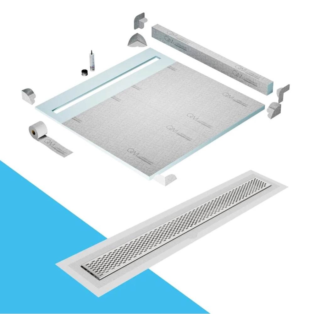 Shower Pan Kit 64'' with a 58'' Delta Linear Drain Flange Edge in Satin