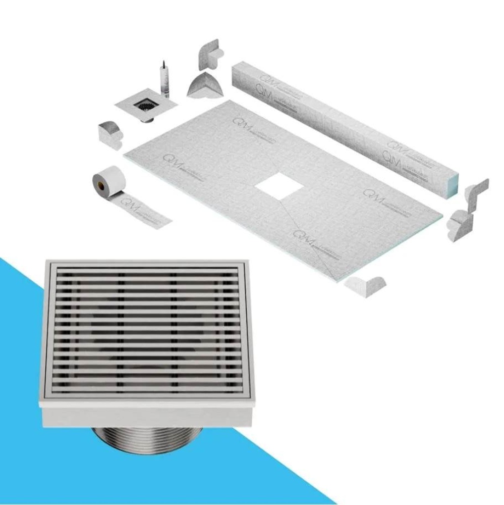 Center Shower Pan Kit 32'' x 63'' with 4'' Wedgewire Square Drain in