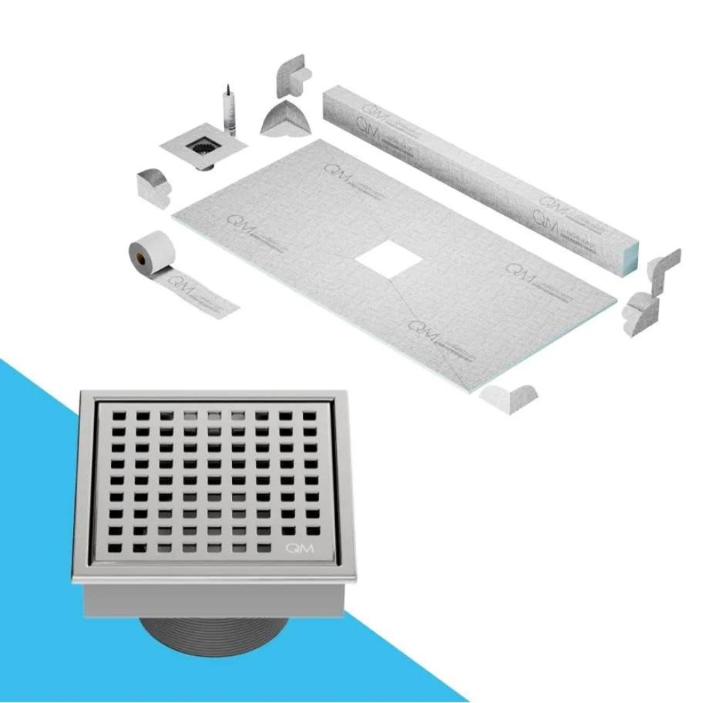Center Shower Pan Kit 32'' x 63'' with 4'' Mira Square Drain in Poli