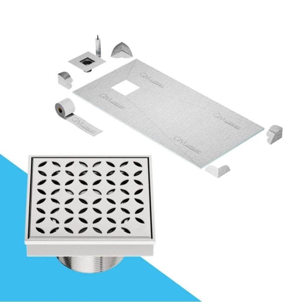 Curbless Off-Center Shower Pan Kit 32'' x 63'' with 4'' Lotus Square