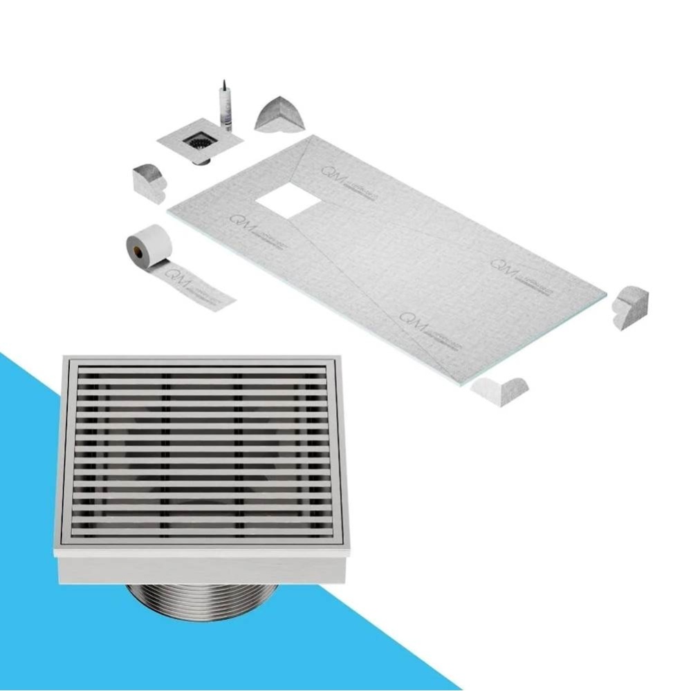 Curbless Off-Center Shower Pan Kit 32'' x 63'' with 4'' Wedgewire Sq