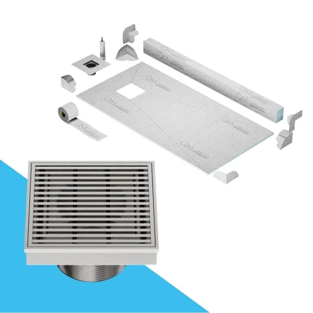 Off-Center Shower Pan Kit 32'' x 63'' with 4'' Wedgewire Square Drai