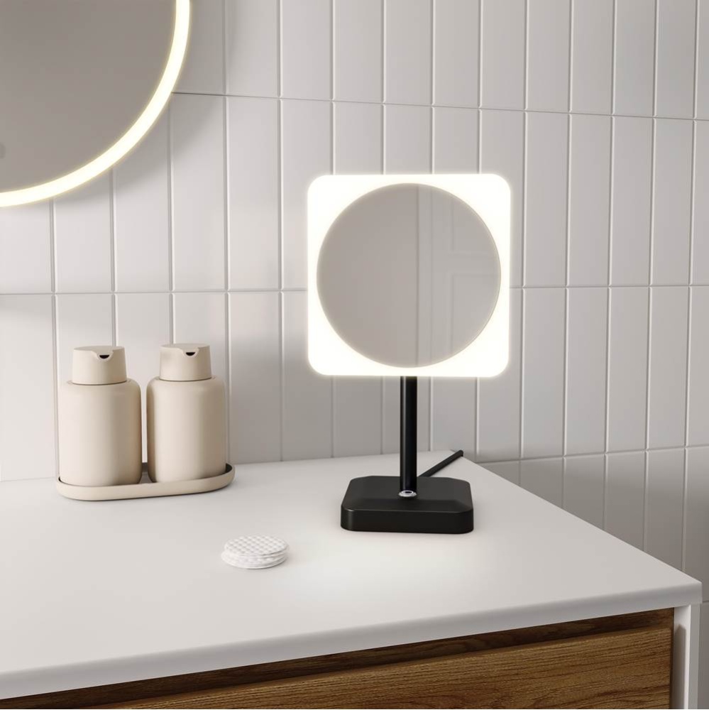 VIZO MAKEUP MIRROR/FREE STANDING/8''/RD FRAME&SQ MIRROR/BLACK