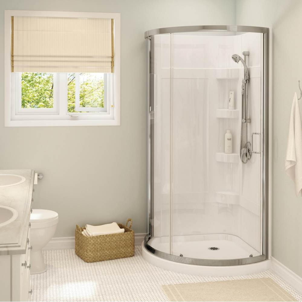 Cyrene 34 x 34 Acrylic Center Drain Shower Kit in White with Clear Glass in Brushed Nickel