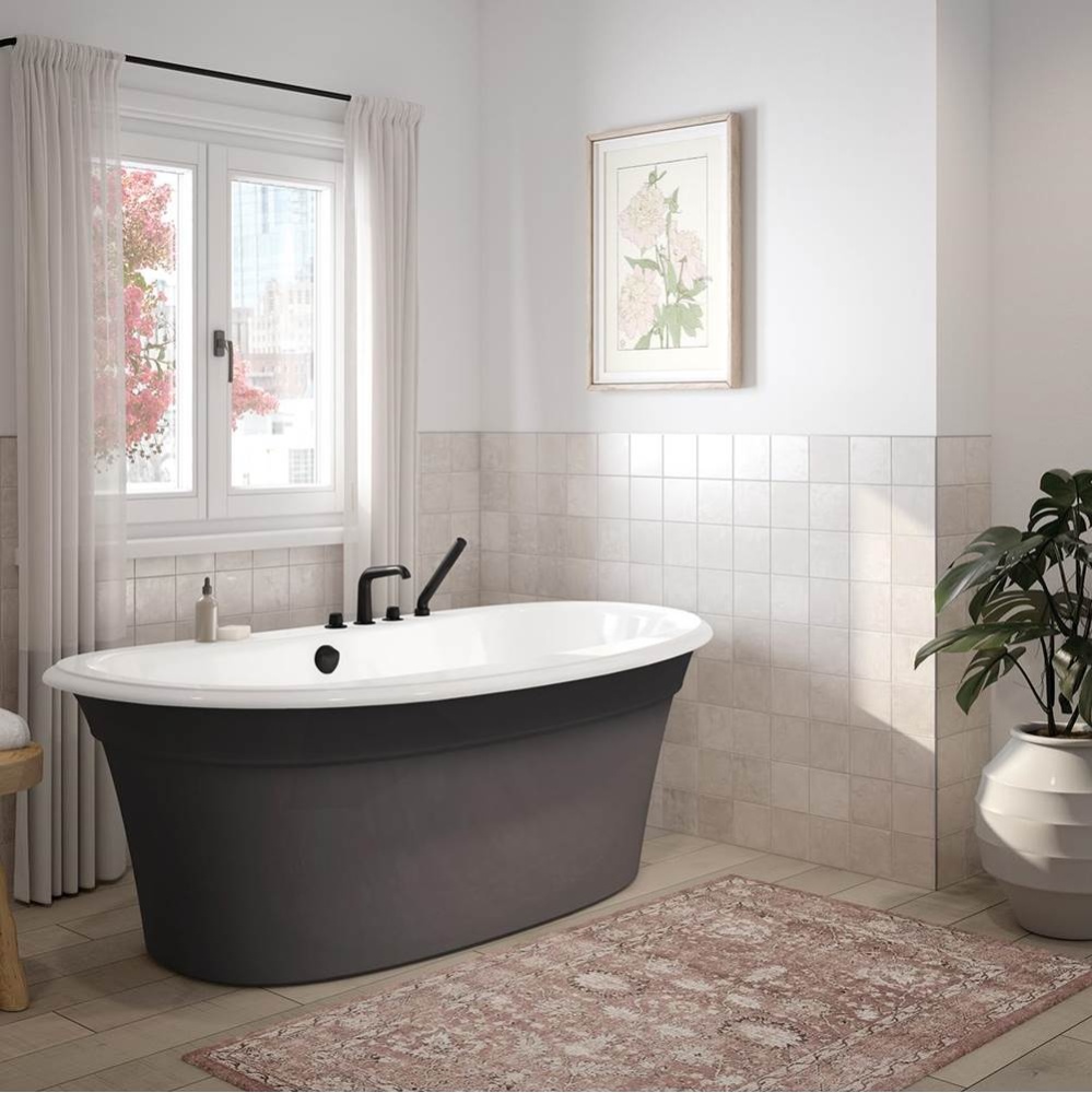 Ella Sleek 66 x 36 Acrylic Freestanding Center Drain Bathtub in White with Thunder Grey Skirt