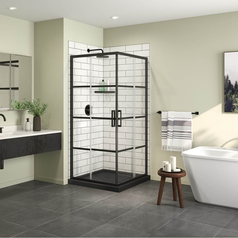 Scarlet 36 x 36 Acrylic Corner Drain Shower Kit in Black with Shaker Glass in Matte Black