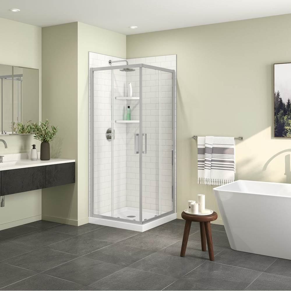 Scarlet 32 x 32 Acrylic Corner Drain Shower Kit in White with Clear Glass in Chrome