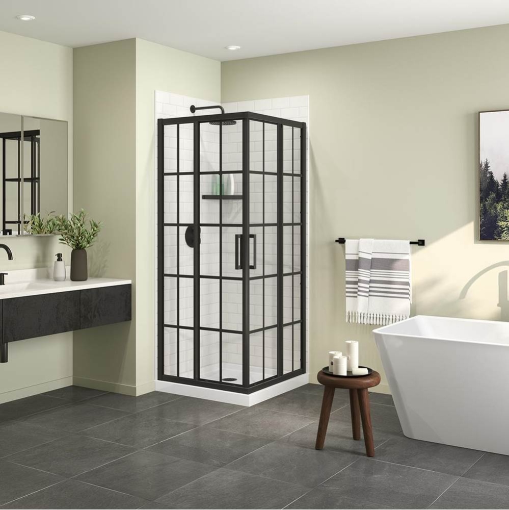 Scarlet 32 x 32 Acrylic Corner Drain Shower Kit in White with French Glass in Matte Black