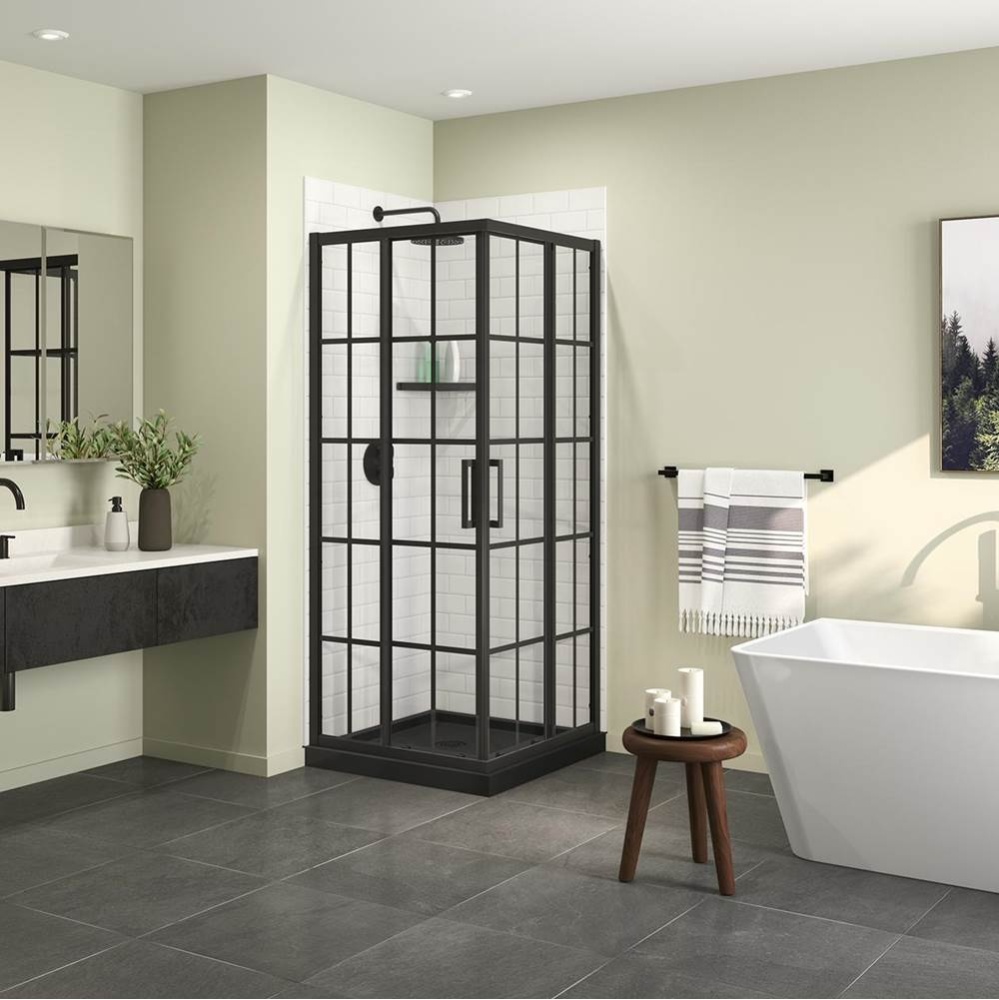 Scarlet 32 x 32 Acrylic Corner Drain Shower Kit in Black with French Glass in Matte Black