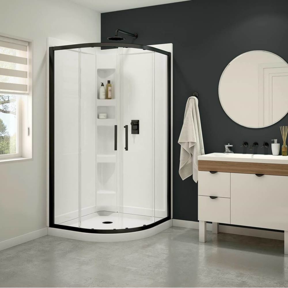 Daisy 38 x 38 Acrylic Center Drain Shower Kit in White with Clear Glass in Matte Black