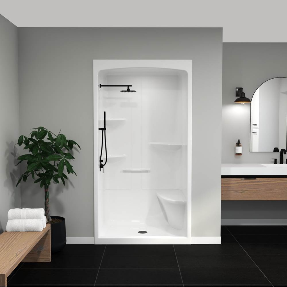 Camelia SHR-4834 Acrylic Alcove Center Drain Right Molded Seat One-Piece Shower in White