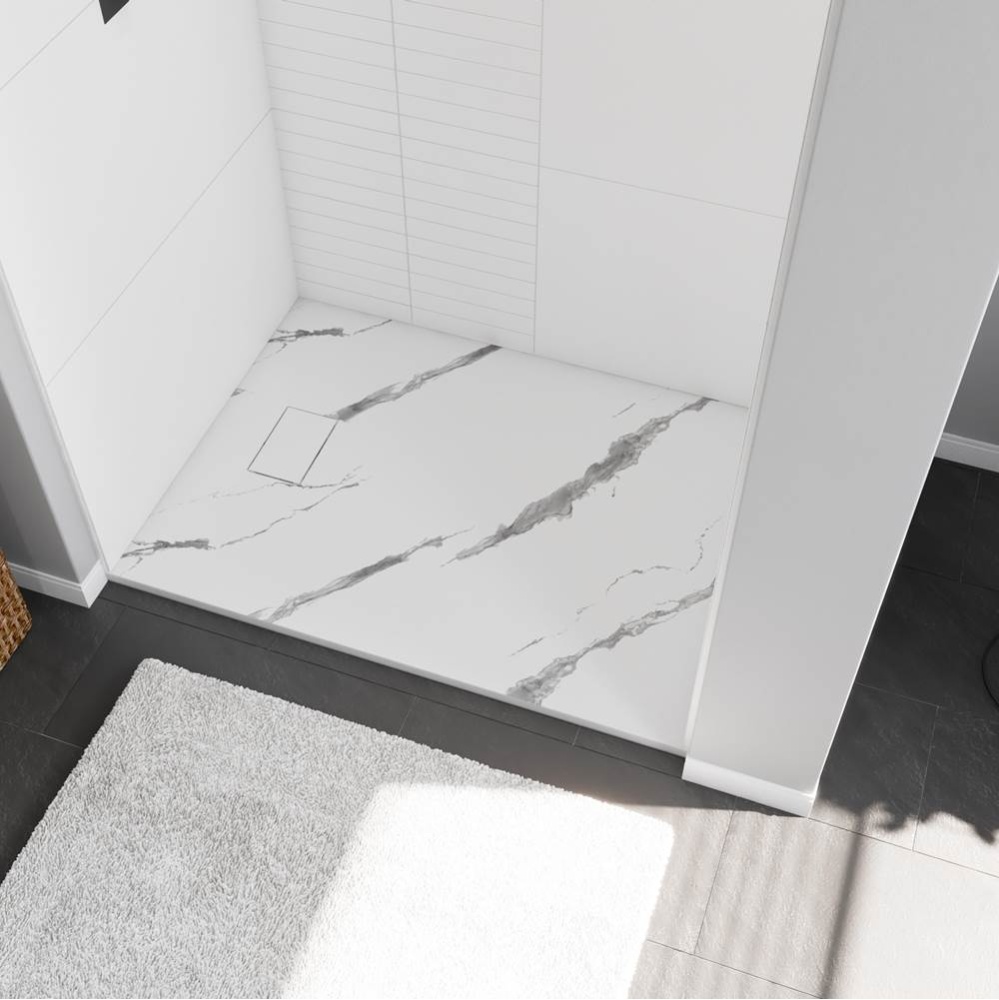 Stonea 4836 Solid Surface Universal Shower Base in White Marble with End Drain