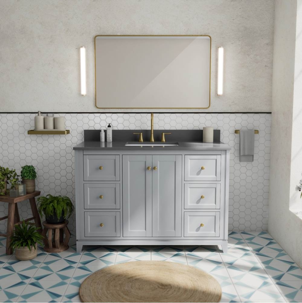 Vanuria 48 in. Freestanding Single Sink Vanity in Light Grey with Grey Quartz Top and Brushed Gold