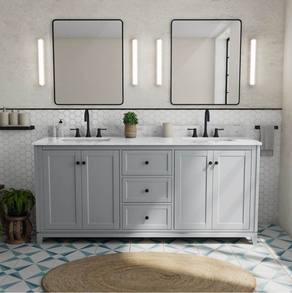 Vanuria 72 in. Freestanding Double Sink Vanity in Light Grey with White Marble Top and Matte Black