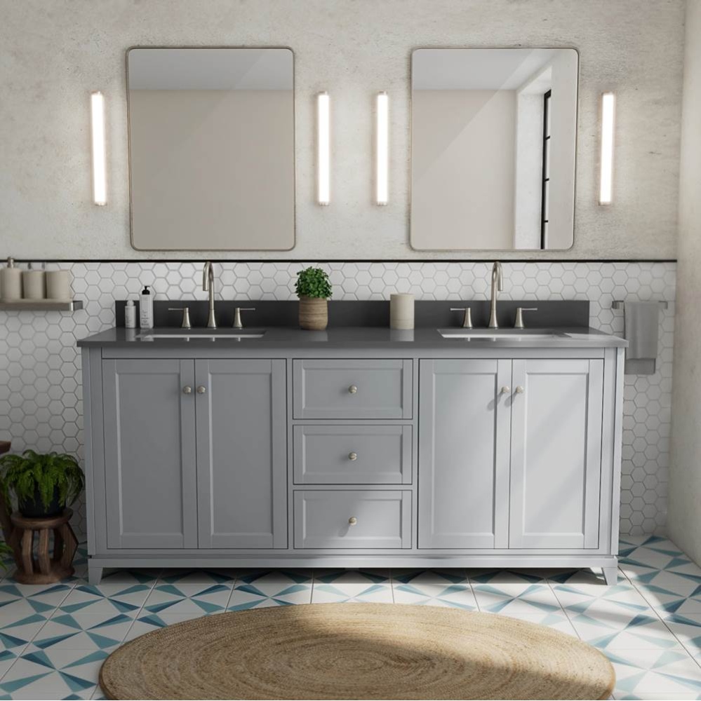 Vanuria 72 in. Freestanding Double Sink Vanity in Light Grey with Grey Quartz Top and Brushed Nick