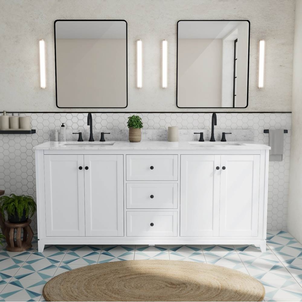 Vanuria 72 in. Freestanding Double Sink Vanity in White with White Marble Top and Matte Black Hard