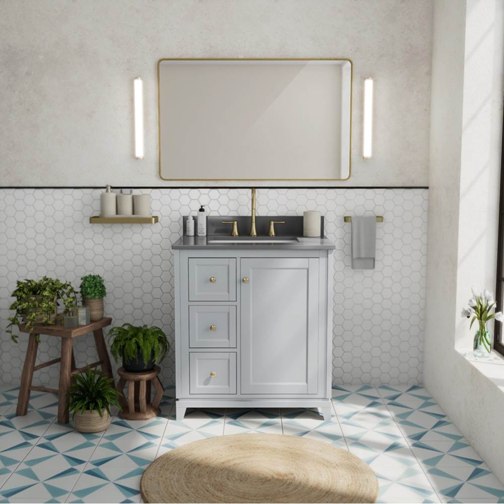 Vanuria Left 30 in. Freestanding Single Sink Vanity in Light Grey with Grey Quartz Top and Brushed