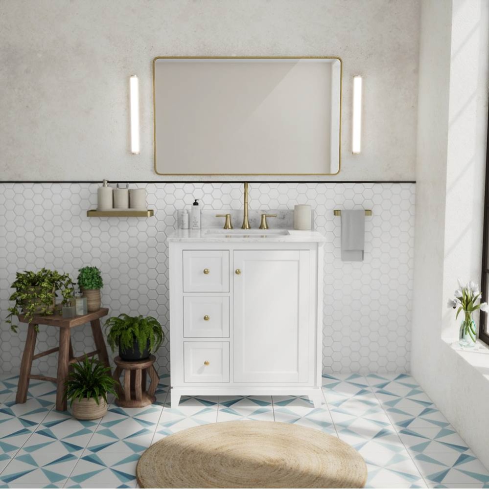 Vanuria Left 30 in. Freestanding Single Sink Vanity in White with White Marble Top and Brushed Gol