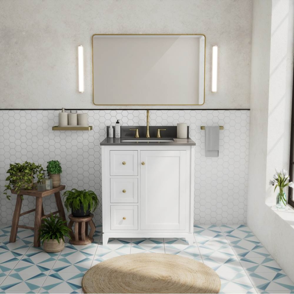 Vanuria Left 30 in. Freestanding Single Sink Vanity in White with Grey Quartz Top and Brushed Gold