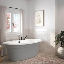 Maax Canada 105744-000-001-103 - Ella Sleek 66 x 36 Acrylic Freestanding Center Drain Bathtub in White with Sterling Silver Skirt