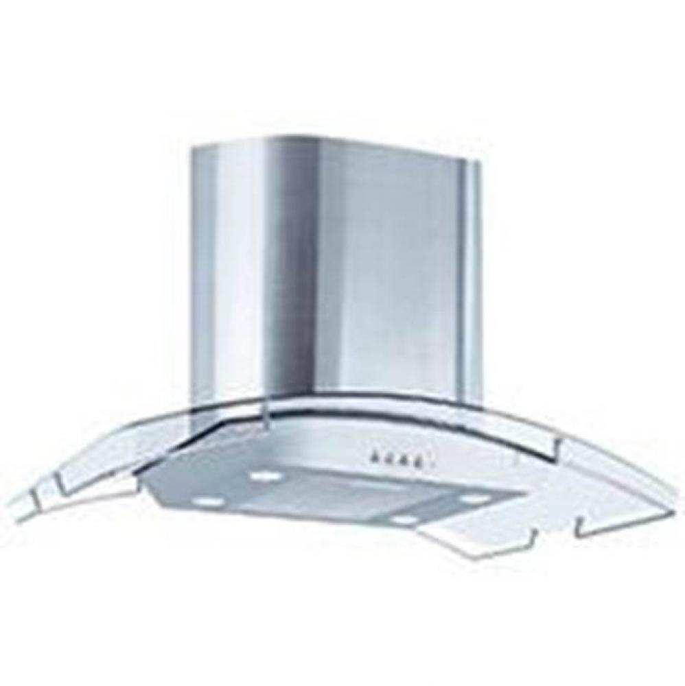 Barcelona Island Mounted Range Hood St. Steel & Glass w/3 Speed Blwr, Quad Halogen Lighting