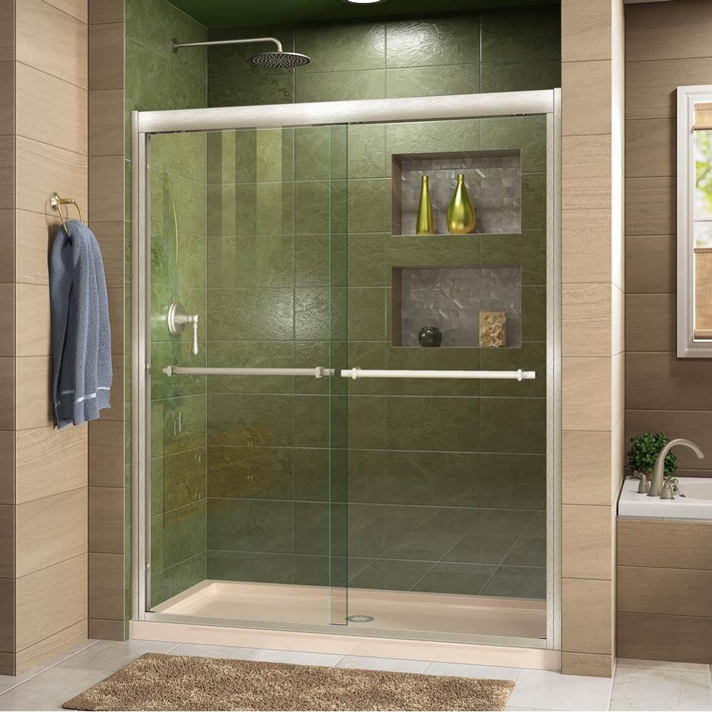 DreamLine Duet 32 in. D x 60 in. W x 74 3/4 in. H Bypass Shower Door in Brushed Nickel with Center