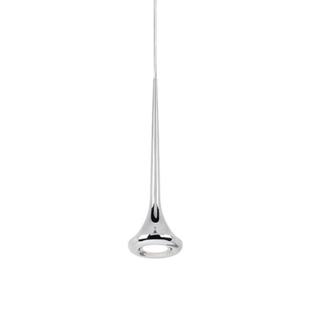 Single Led Lamp Pendant, Slender Trumpet Shaped With Bottom Frosted Diffuser. Chrome Canopy And