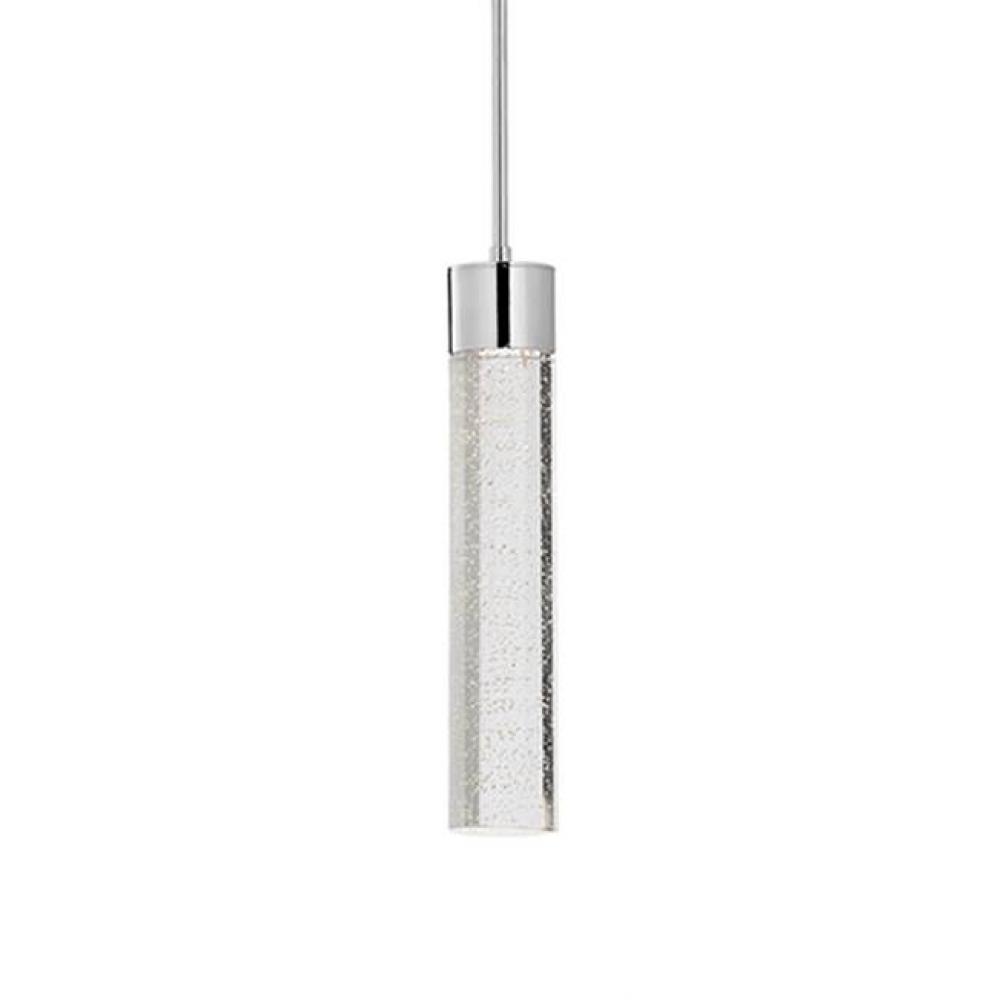 Single Lamp Led Pendant With Fine Cut Encased Bubble Crystal Cylinder. Chrome Metal Details, And