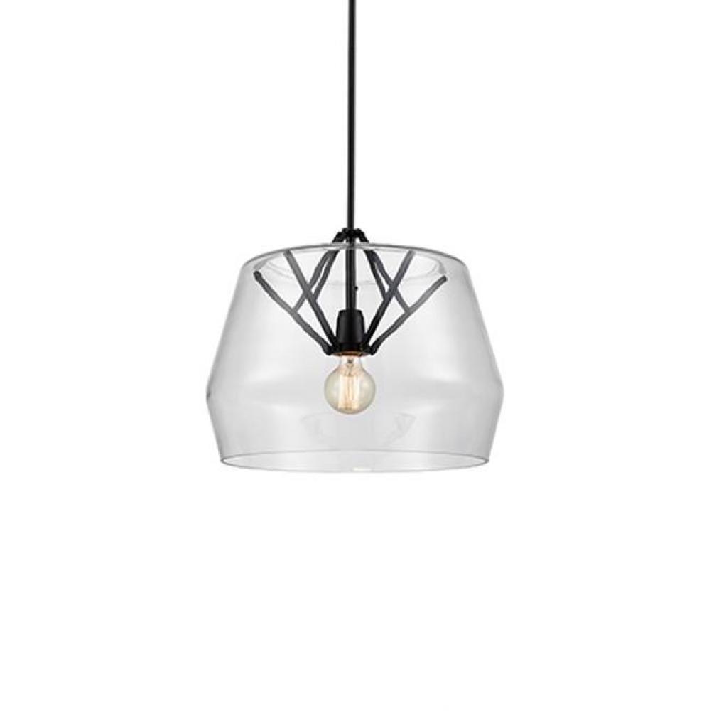 Single Lamp Pendant With Revolved Glass Shade Rest Atop A Visible Metal Inner Structure.