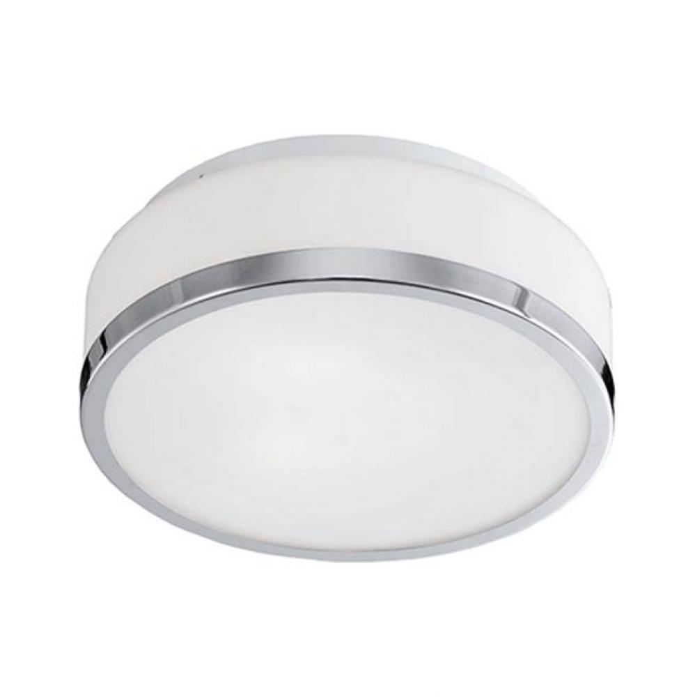 Three Lamp Flush Mount Ceiling Fixture With White Round Opal Blown Glass And Chrome Finish