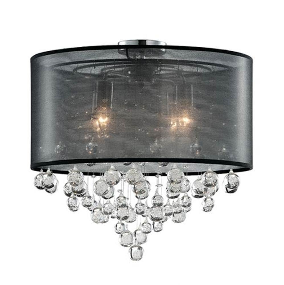 Four Lamp Ceiling Fixture  With Textured Black Organza Shade And Drops Of Clear Crystal Balls