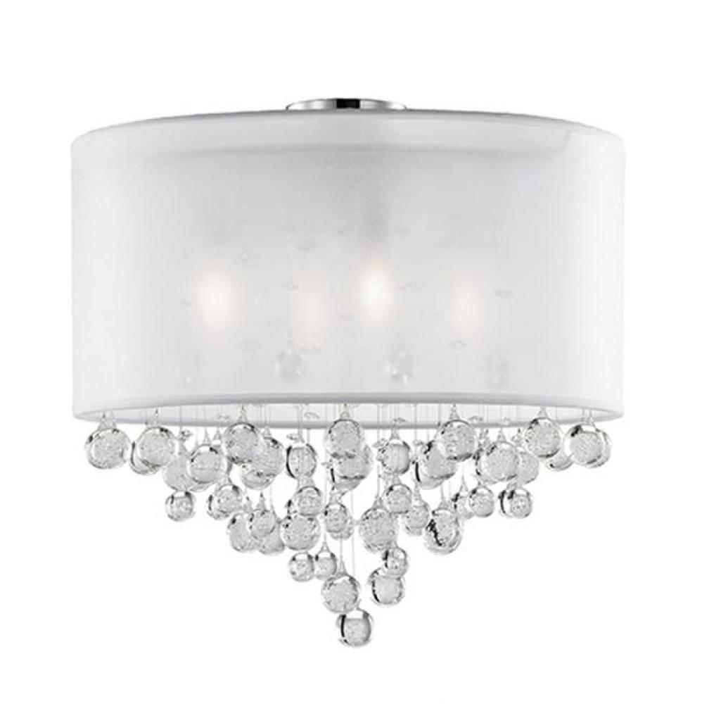 Four Lamp Ceiling Fixture  With Textured White Organza Shade And Drops Of Clear Crystal Balls
