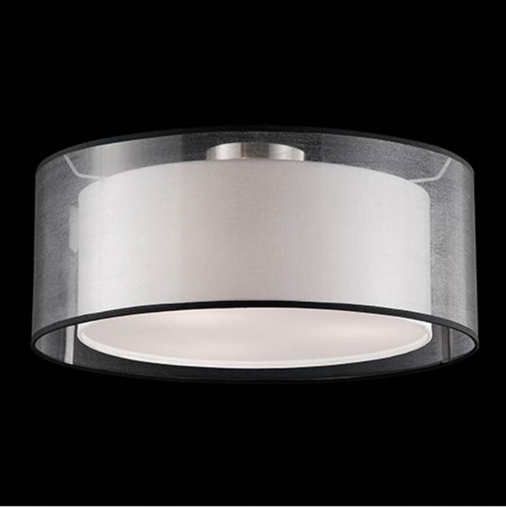 Three Lamp Ceiling With Black Round Transparent Shade And Linen Interior White