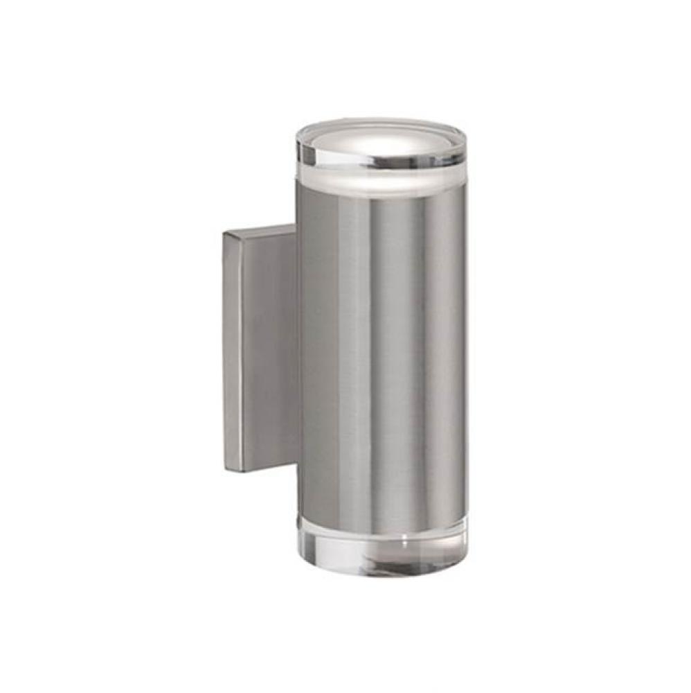 Led Cylinder Shaped Updown Wall Sconce With Clear Crystal Discs. Metal Details In Brushed Nickel