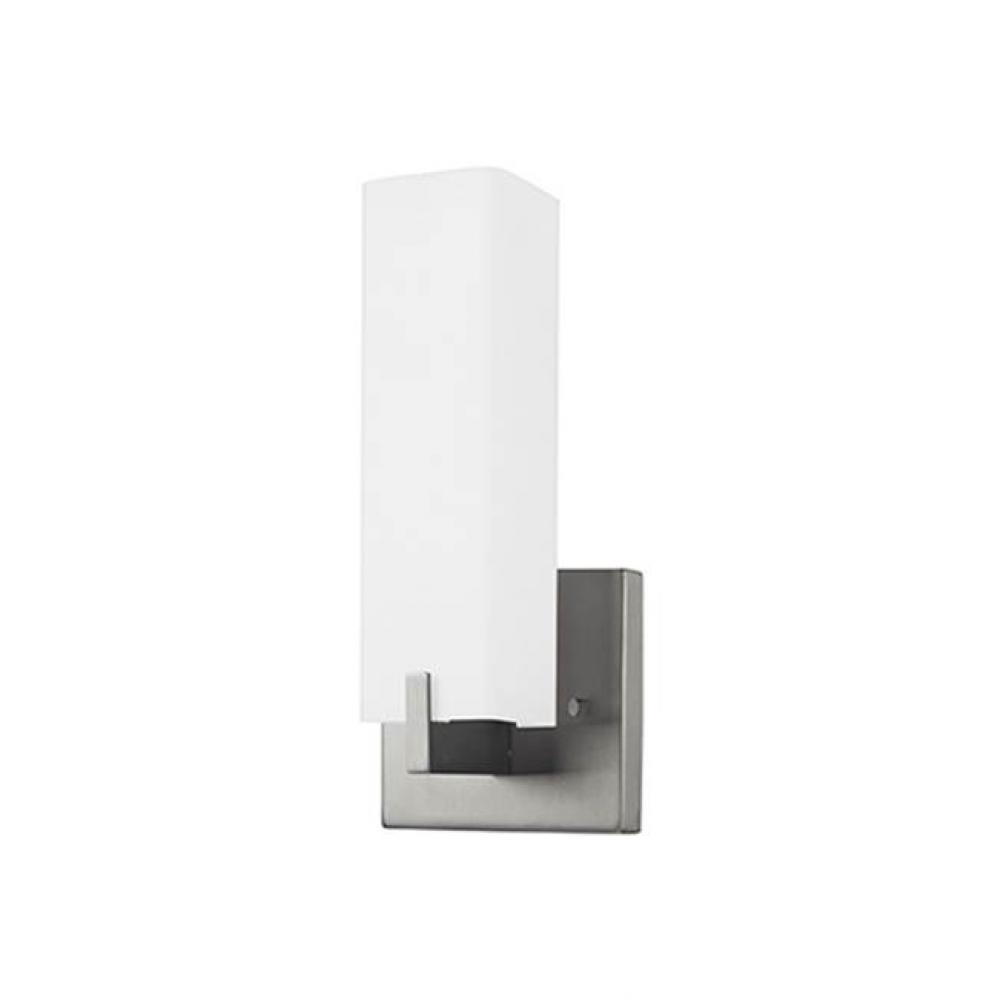 Single Lamp Led Wall Sconce With Square Shaped White Opal Glass, Metal Details In Brushed Nickel
