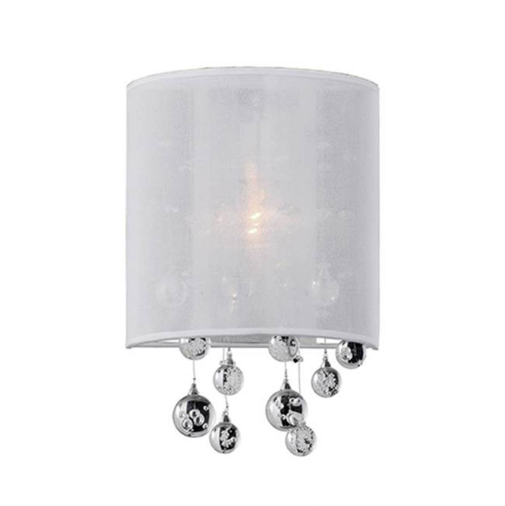 Single Lamp Wall Sconce With White Organza Shade And Drops Of Clear Crystal Balls Encased