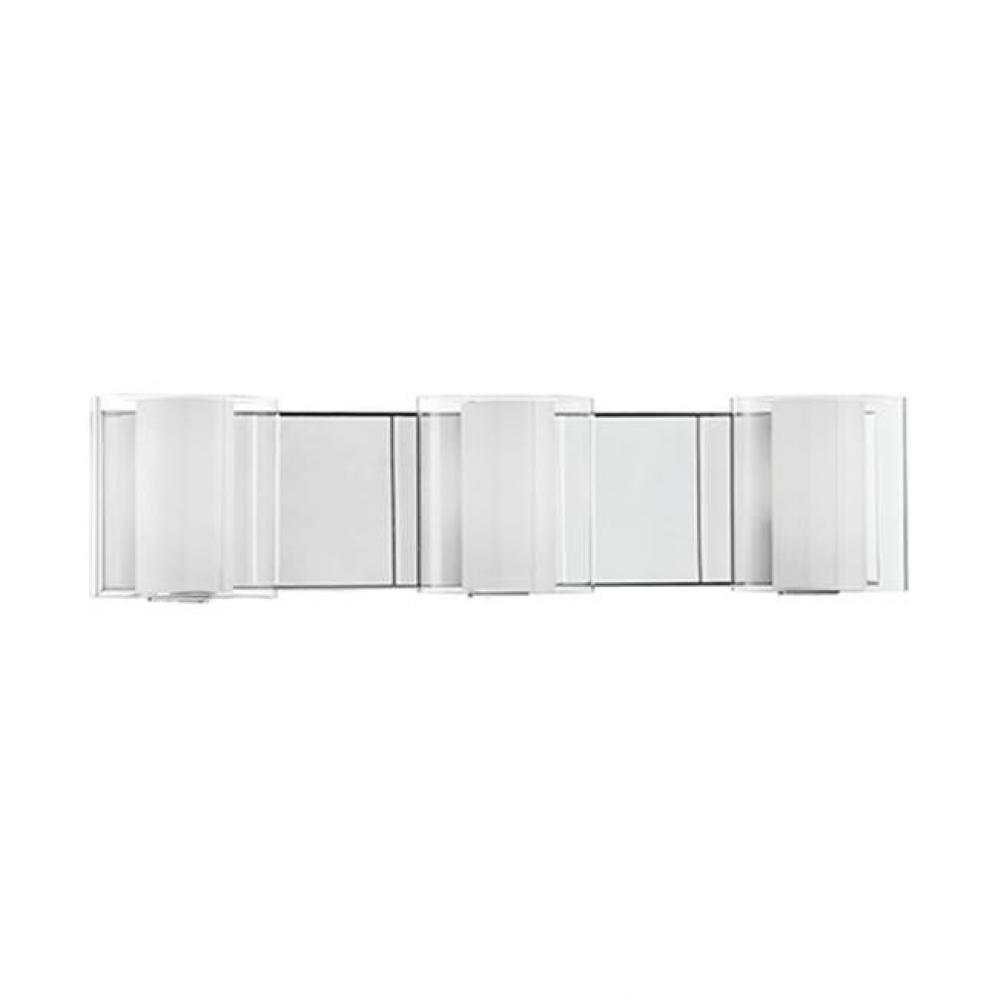 Three Lamp Vanity With Round White Opal Glass And Outer Clear Glass. Metal Back Plate In Chrome