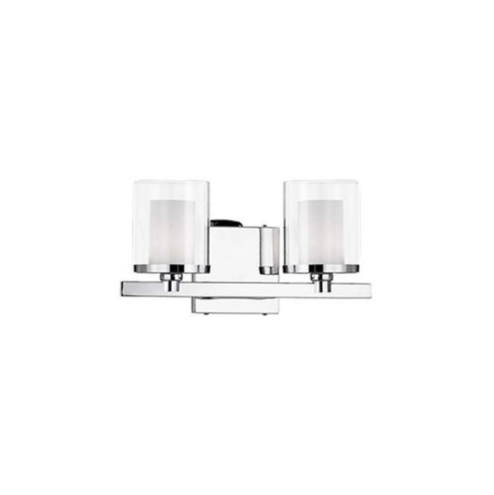 Two Lamp Cylinder Vanity With Clear Open Outer Glass And White Opal Inner Glass. Metal Details In