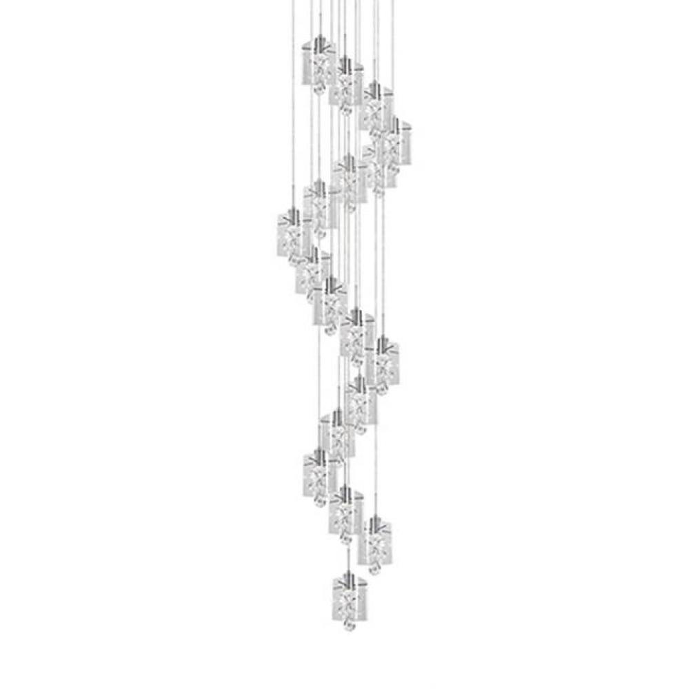 Dazzling Round Eighteen Led Multi-Pendant With Each Pendant Having Rounded Square Clear Glass.