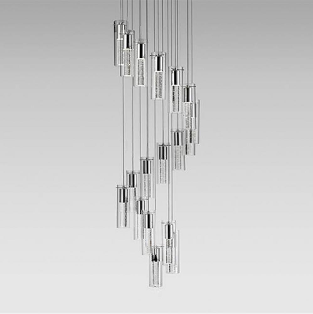 Eighteen Lamp Led Pendant With Encased Crystal Bubbles In A Clear Glass Shade With Chrome