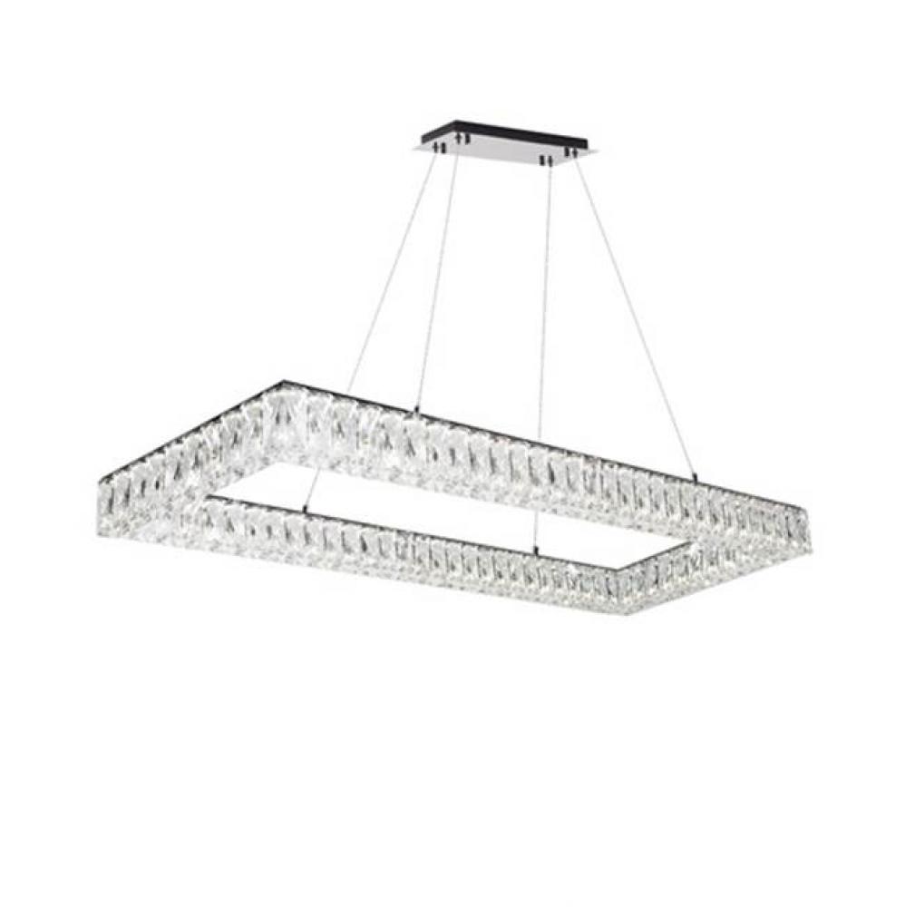 Aircraft Cable Suspended Pendant With Single Rectangular Ring Of Diamond Cut Clear Crystal Glass