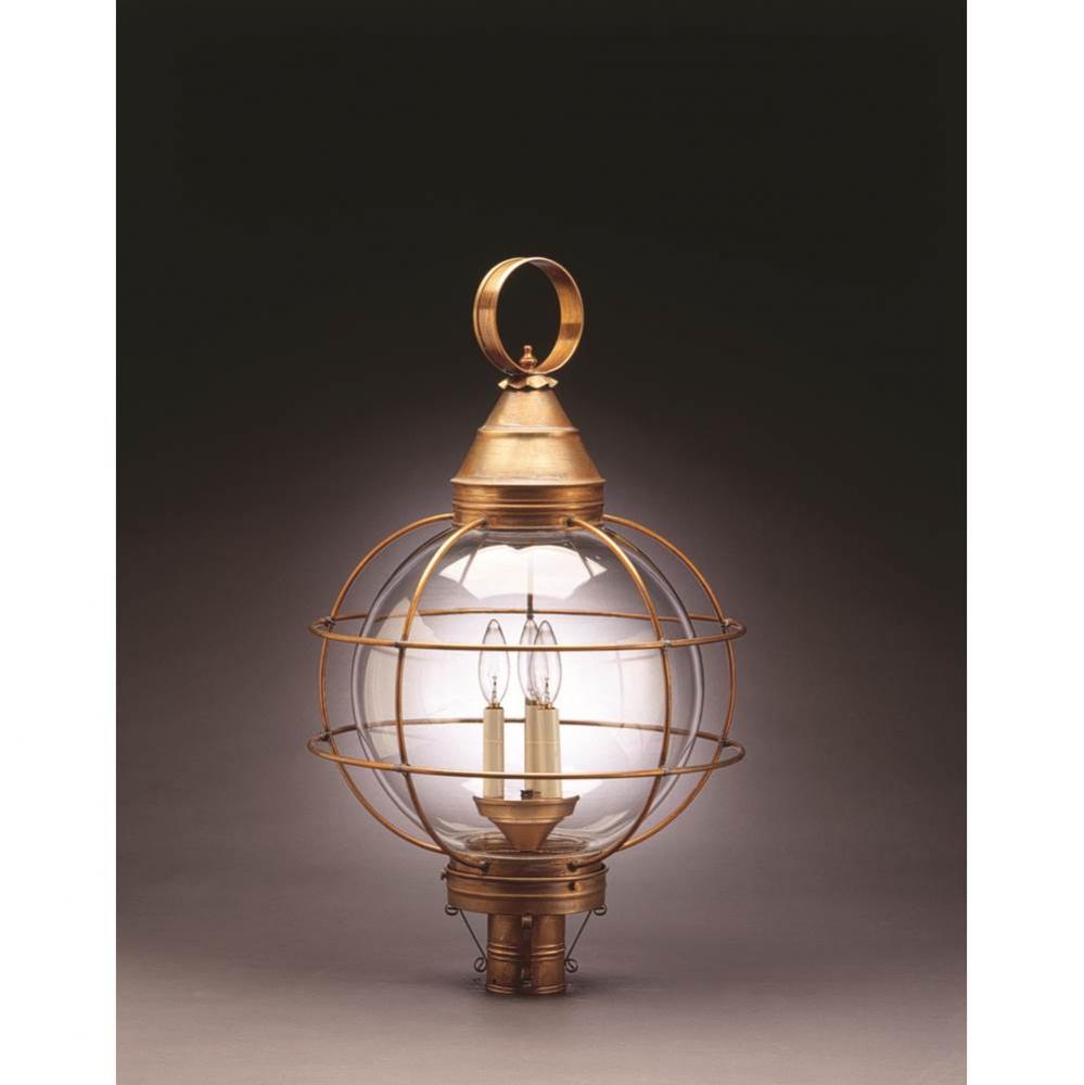 Caged Round Post Antique Brass 3 Candelabra Sockets Clear Glass