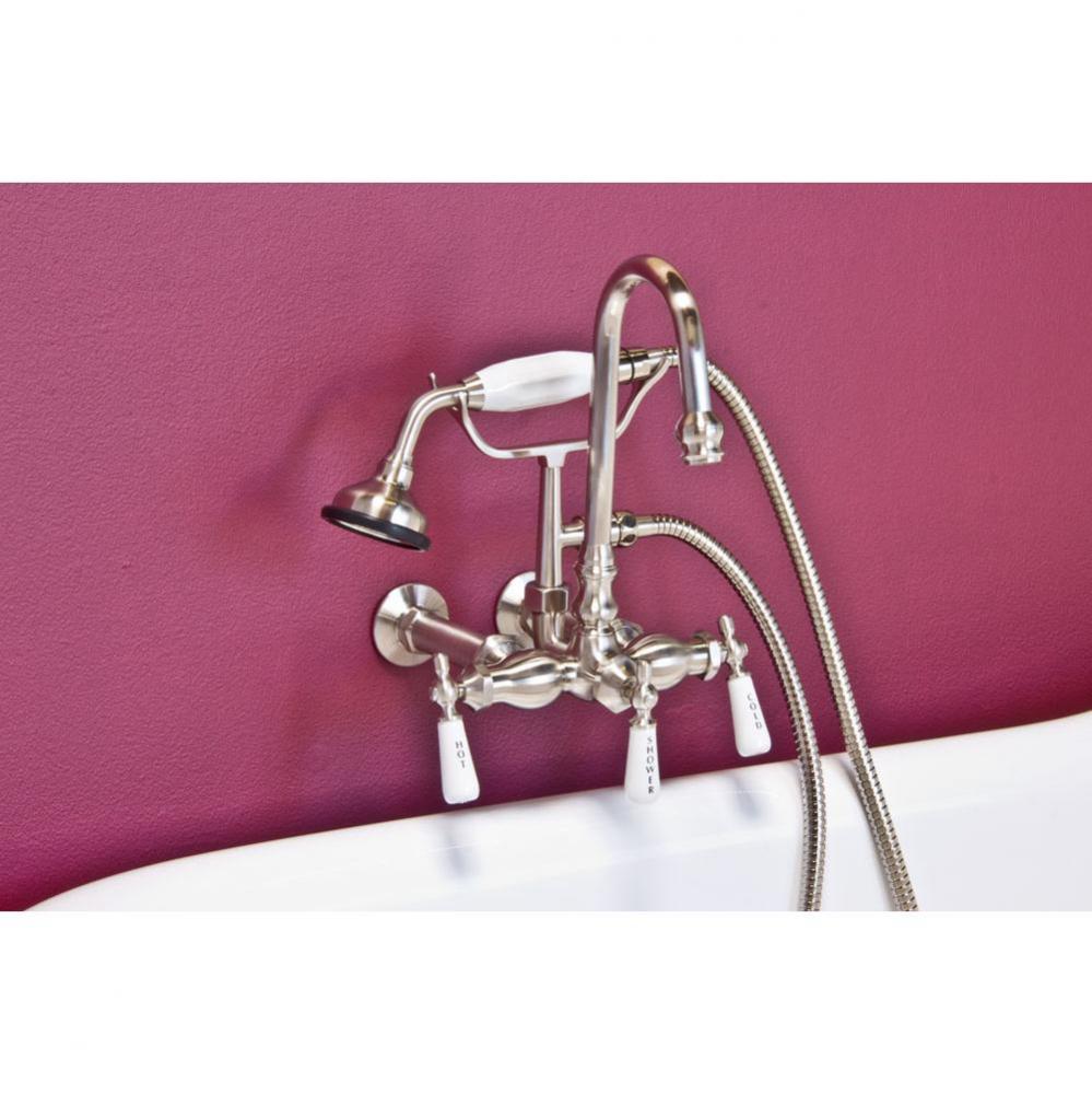 Chrome Wall Mount Gooseneck Faucet, 3 3/8'' Ctr  W/Handheld Shower, Includes Vacu