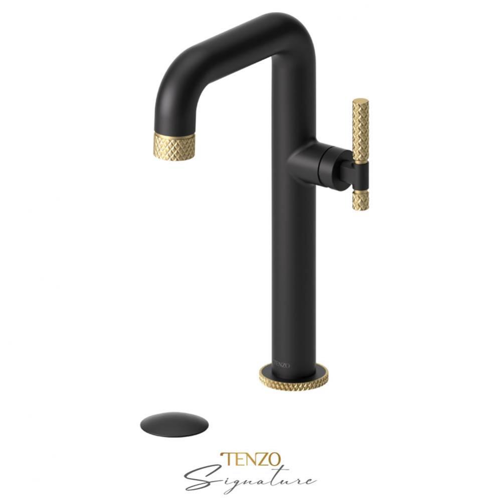 Tall single lavatory faucet with (overflow) drain Bellacio-C matte black/brushed gold