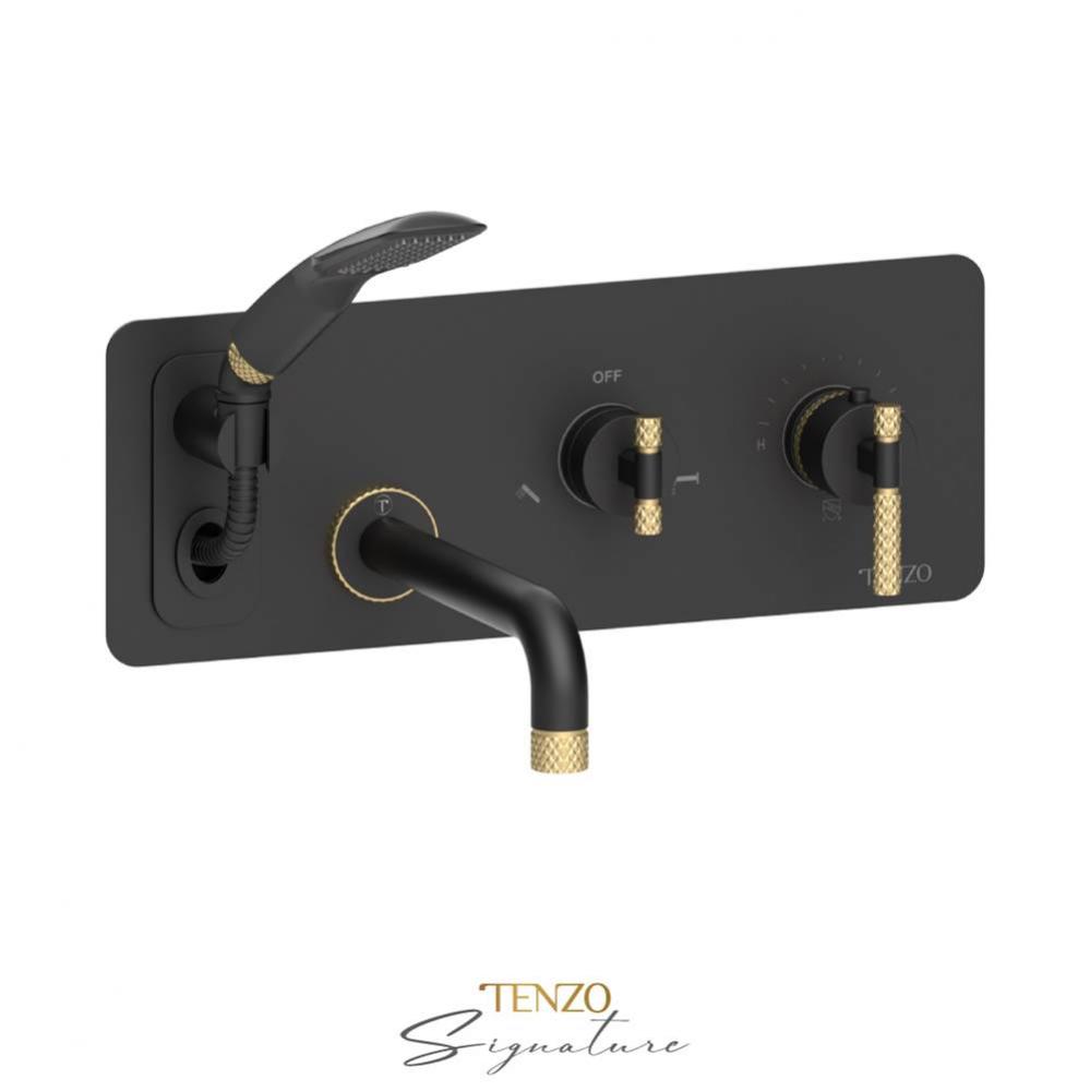 Wall mount tub faucet with retractable hose Bellacio-C matte black/brushed gold