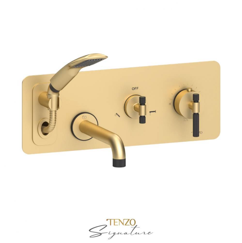 Wall mount tub faucet with retractable hose  Bellacio-F brushed gold/matte black