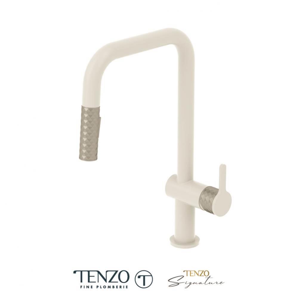 Single-handle kitchen faucet Calozy with pull-down & 2-Function hand shower matte white / stai